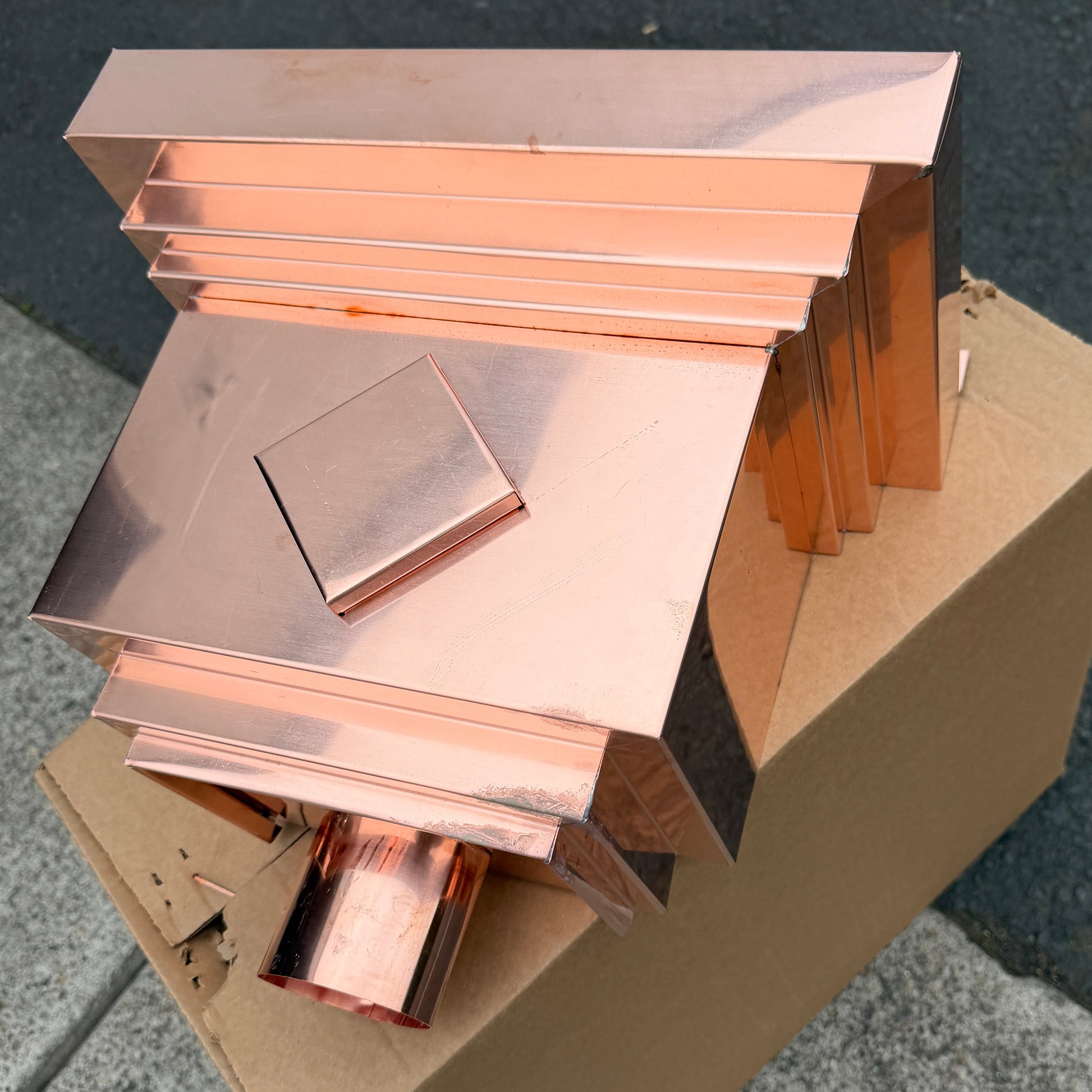 Copper conductor head leader head rain collector box 14 inch stepped decorative raised diamond panel 2x3 oval downspout architectural gutter accessory residential drainage - GutterAll Damascus Oregon