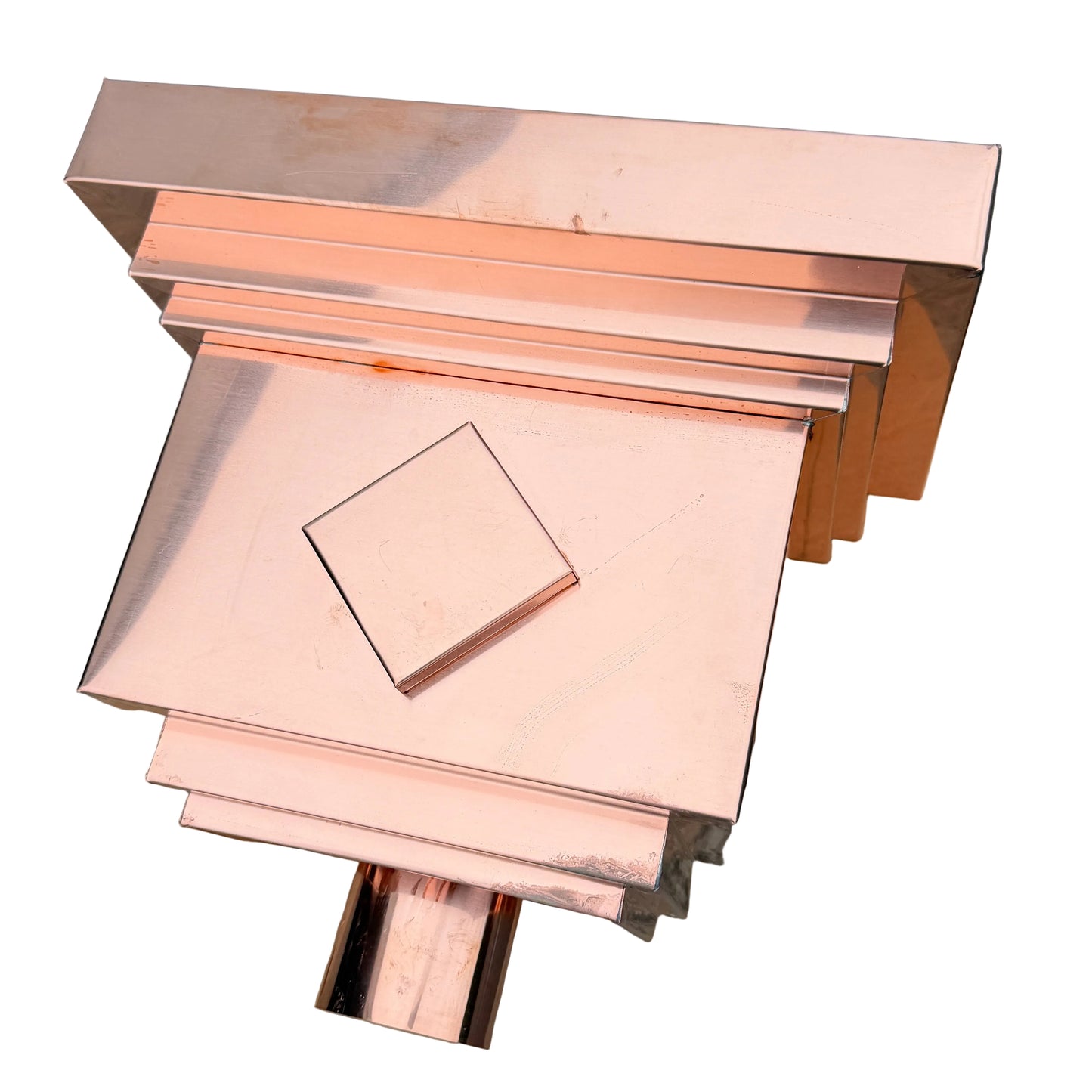 Copper conductor head leader head rain collector box 14 inch stepped decorative raised diamond panel 2x3 oval downspout architectural gutter accessory residential drainage - GutterAll Damascus Oregon