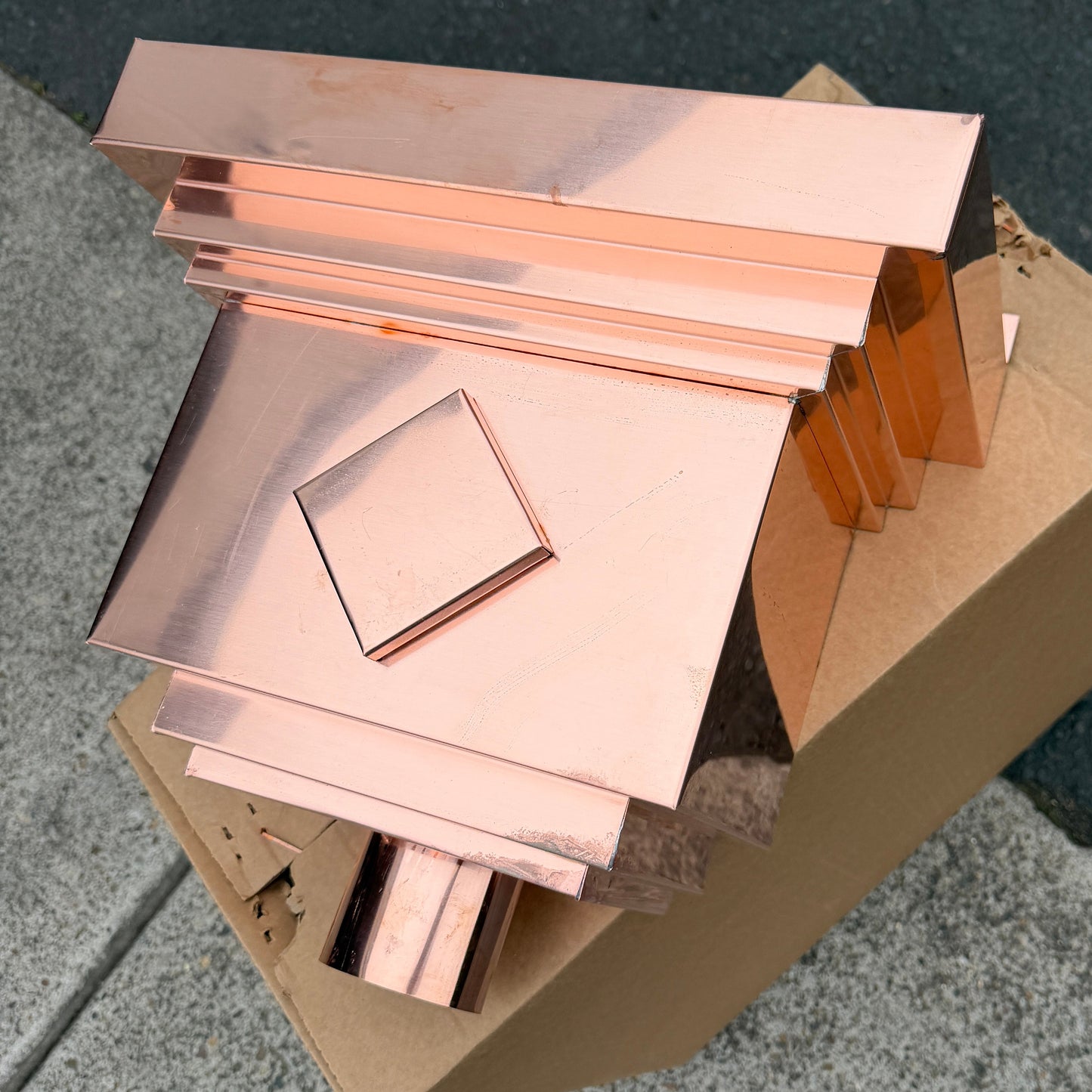 Copper conductor head leader head rain collector box 14 inch stepped decorative raised diamond panel 2x3 oval downspout architectural gutter accessory residential drainage - GutterAll Damascus Oregon