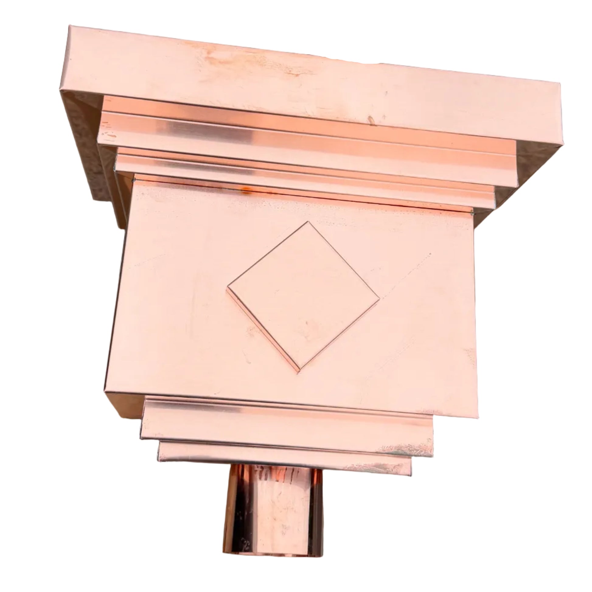 Copper conductor head leader head rain collector box 14 inch stepped decorative raised diamond panel 2x3 oval downspout architectural gutter accessory residential drainage - GutterAll Damascus Oregon