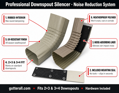 Downspout silencer noise reduction kit complete system 2x3 3x4 sizes almond beige ribbed polymer elbow with mounting bracket and foam dampening insert eliminates water drip noise - GutterAll Damascus Oregon