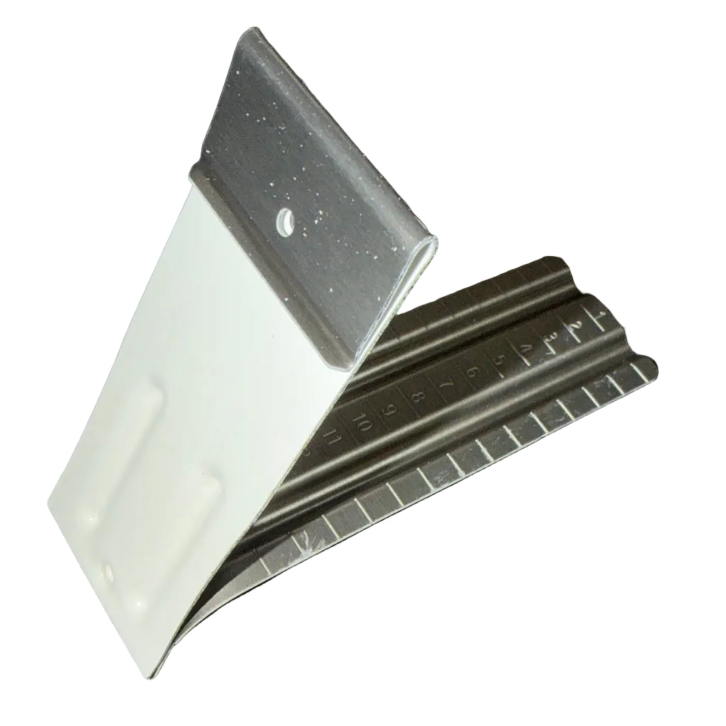 Durable copper and white gutter spacer brackets for half-round gutters.