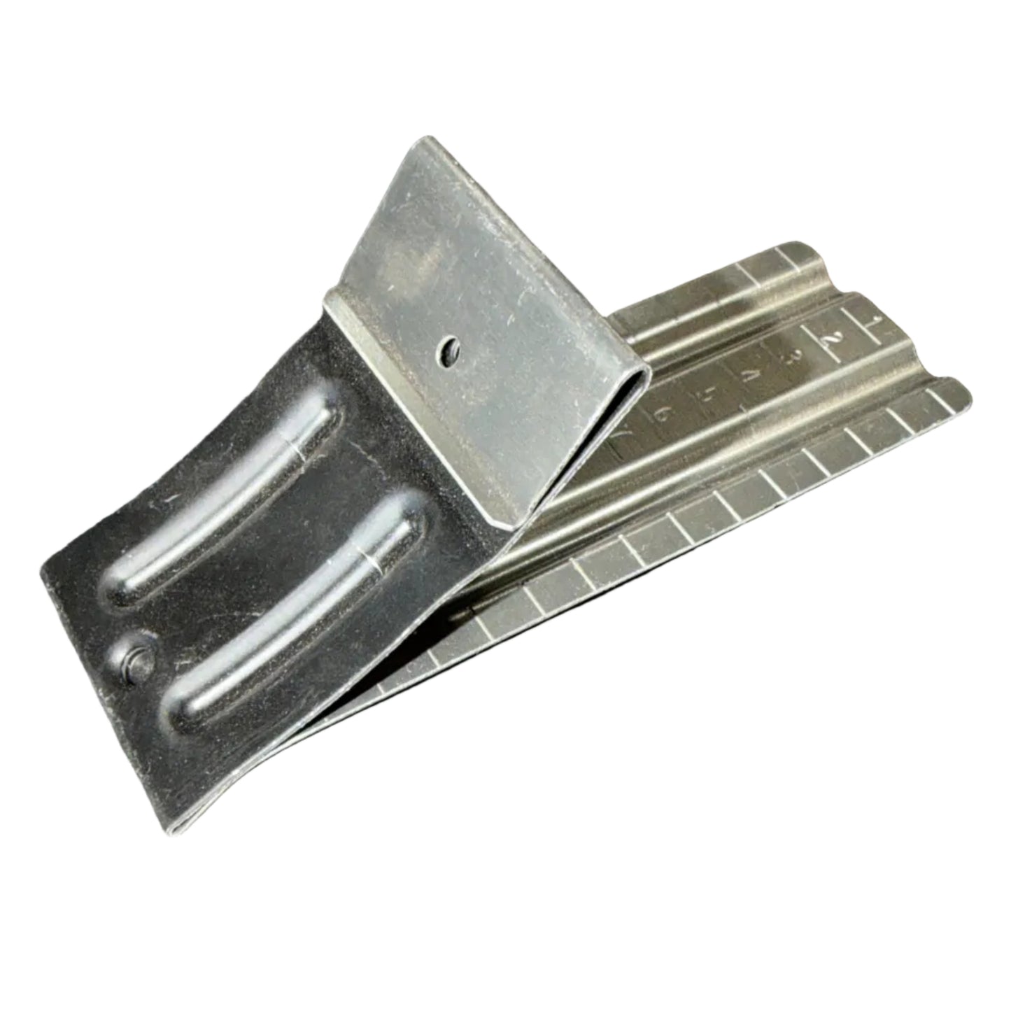 Durable copper and white gutter spacer brackets for half-round gutters.