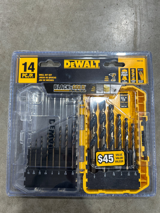 DeWalt BLACK+GOLD 14 piece drill bit set pilot holes fascia drilling gutter installation bracket mounting Damascus Oregon GutterAll