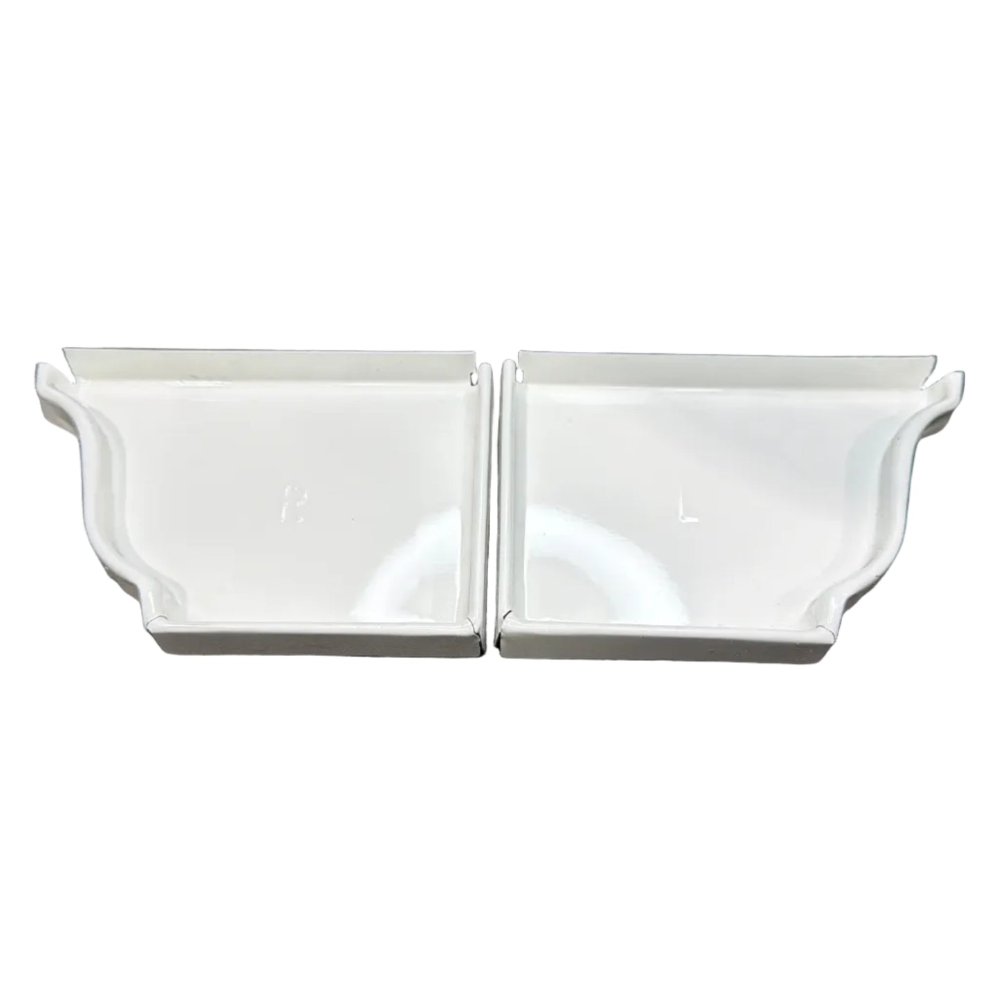 Pair of 5K aluminum gutter end caps left and right K-style ogee profile for seamless gutter systems in Damascus OR – Gutter All