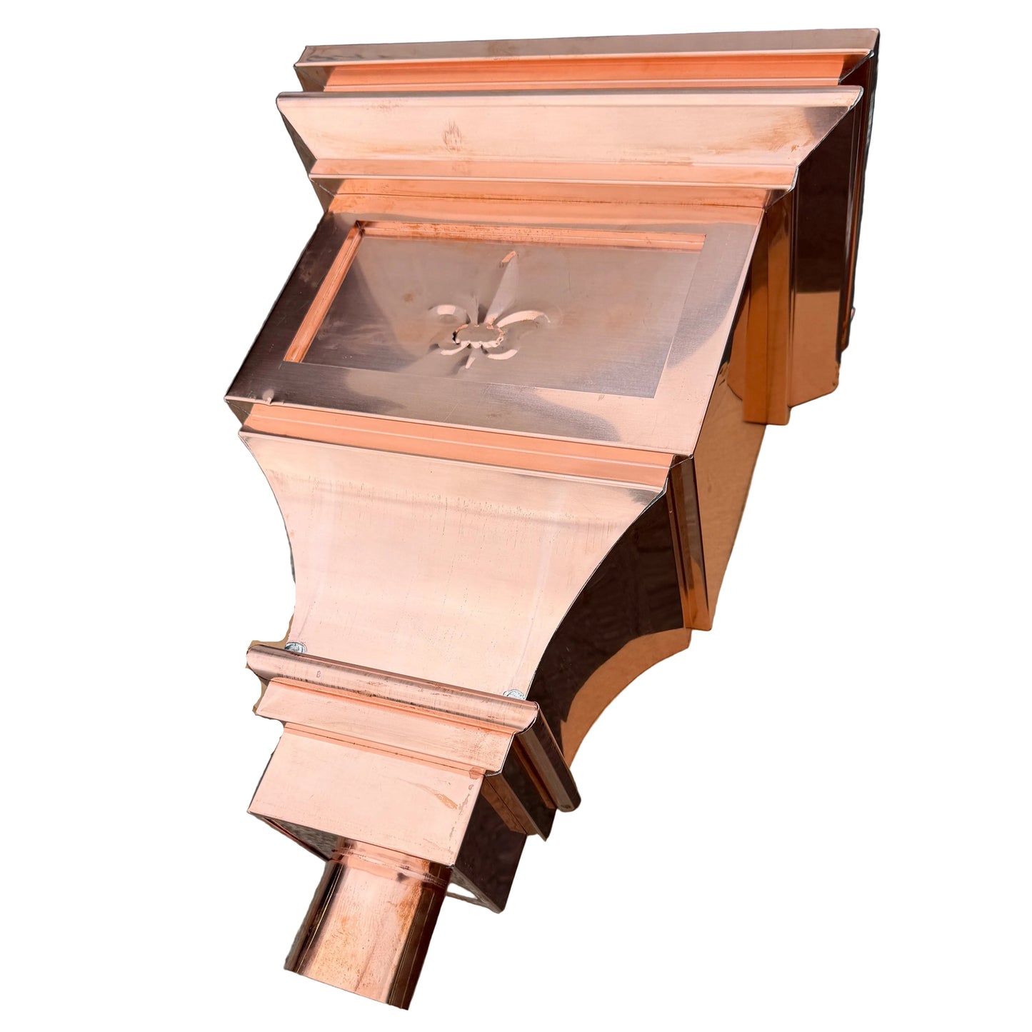 Fleur‑de‑Lis Copper Conductor Head – 15"x9.5"x20" Ornamental Collection Box with 2x3 Oval Outlet