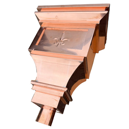 Fleur‑de‑Lis Copper Conductor Head – 15"x9.5"x20" Ornamental Collection Box with 2x3 Oval Outlet