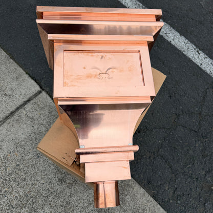 Fleur‑de‑Lis Copper Conductor Head – 15"x9.5"x20" Ornamental Collection Box with 2x3 Oval Outlet