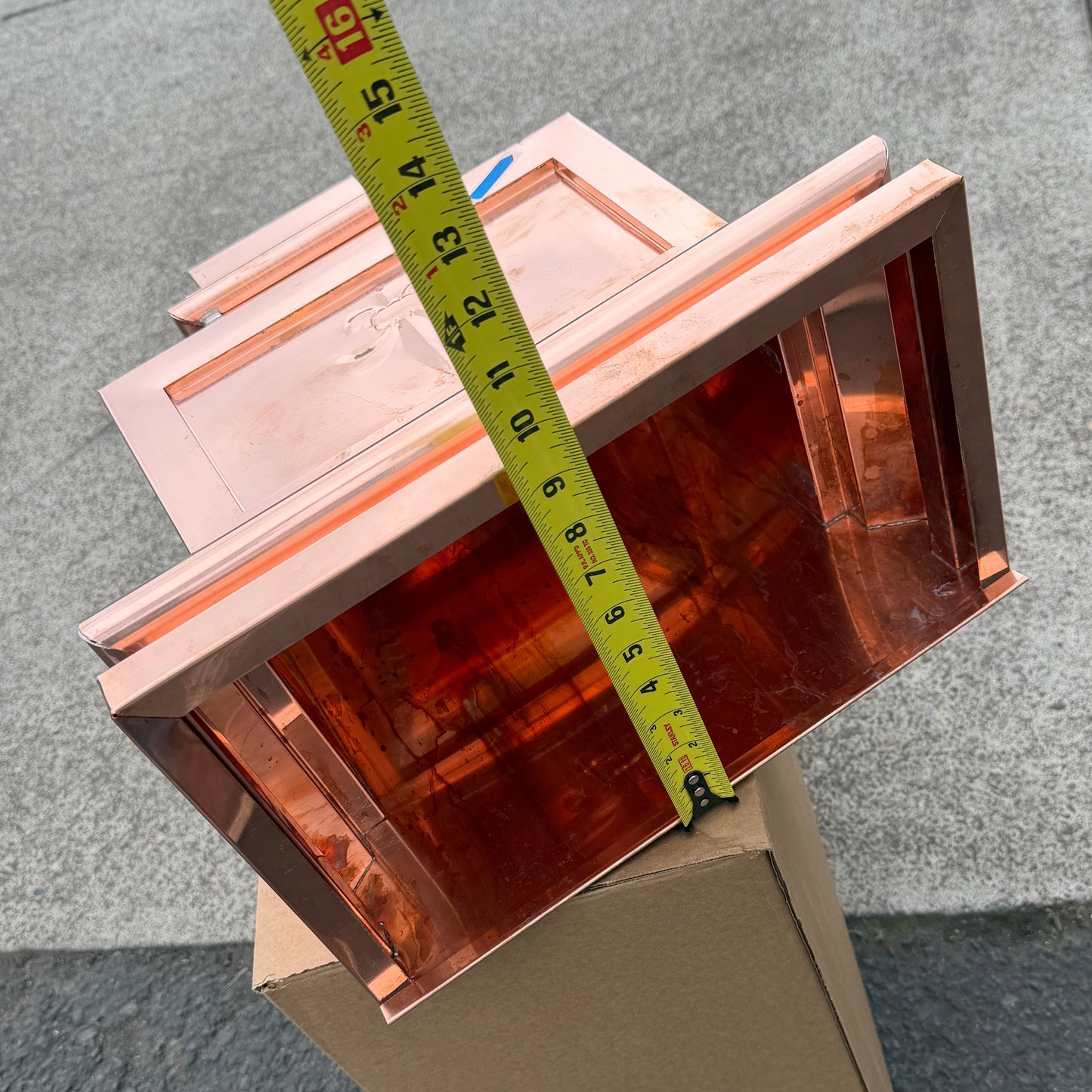 Fleur‑de‑Lis Copper Conductor Head – 15"x9.5"x20" Ornamental Collection Box with 2x3 Oval Outlet