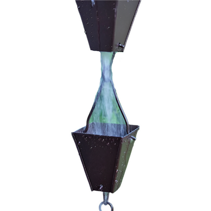 Geometric seam cup aluminum rain chain 8ft sections with 11 cups. 30% more water capacity. Matte Black or Bronze. 3-1/2" x 4-1/8". Contractor DIY. Damascus OR.