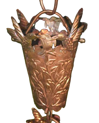 Hand-tooled copper hummingbird cup rain chain. 8ft section with 16 cups. 3-1/4" x 4-1/2" cups. Flowers and hummingbirds. Contractor DIY. Damascus OR.