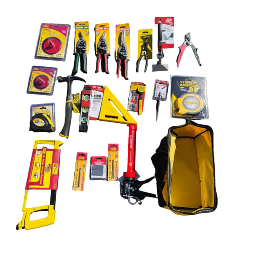 20-piece professional gutter installation hand tool bundle featuring aviation snips hole saws tape measures Malco hand seamer end cap crimper hacksaw torpedo level speed square caulking gun with free heavy-duty yellow tool bag contractor starter kit by GutterAll Damascus Oregon
