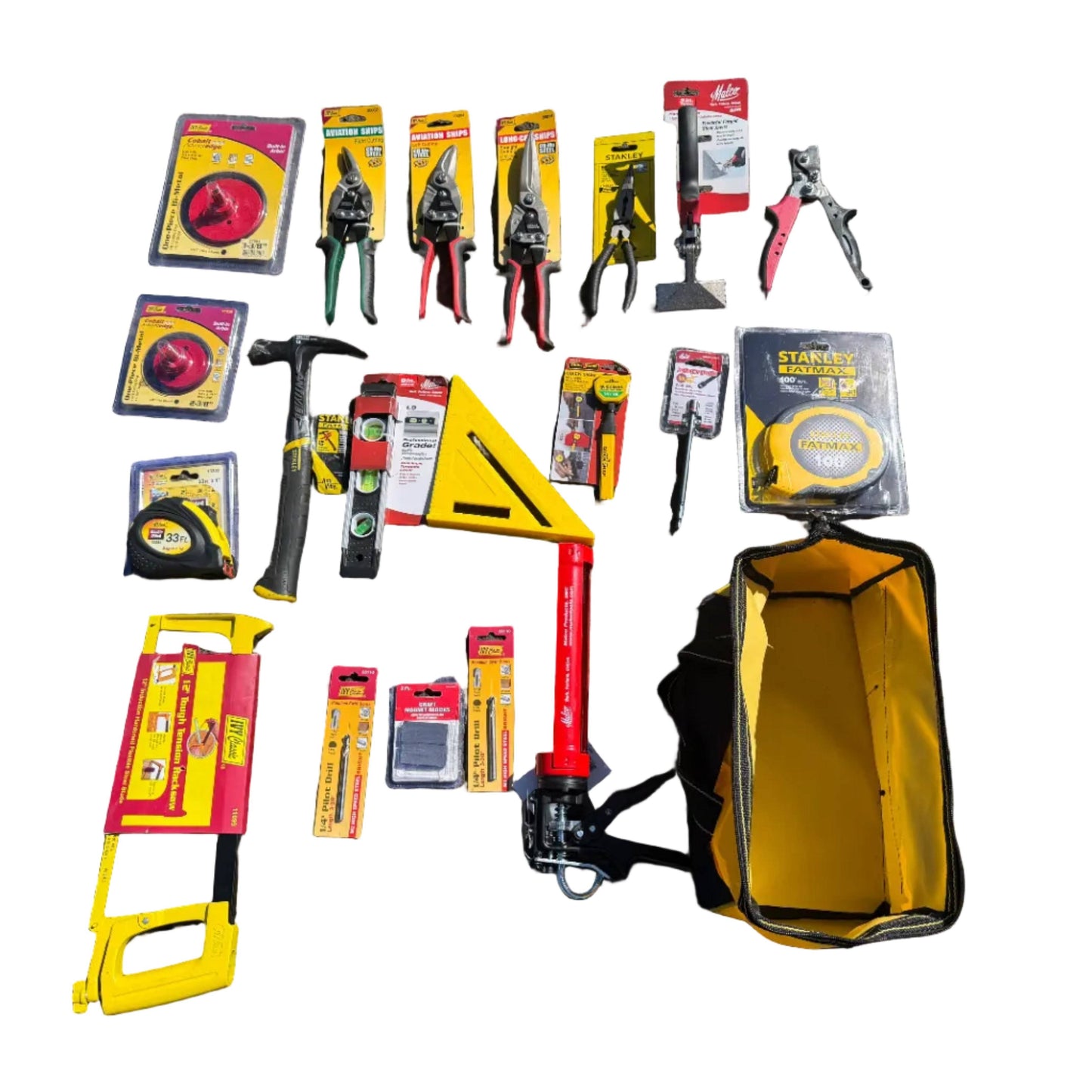 20-piece professional gutter installation hand tool bundle featuring aviation snips hole saws tape measures Malco hand seamer end cap crimper hacksaw torpedo level speed square caulking gun with free heavy-duty yellow tool bag contractor starter kit by GutterAll Damascus Oregon