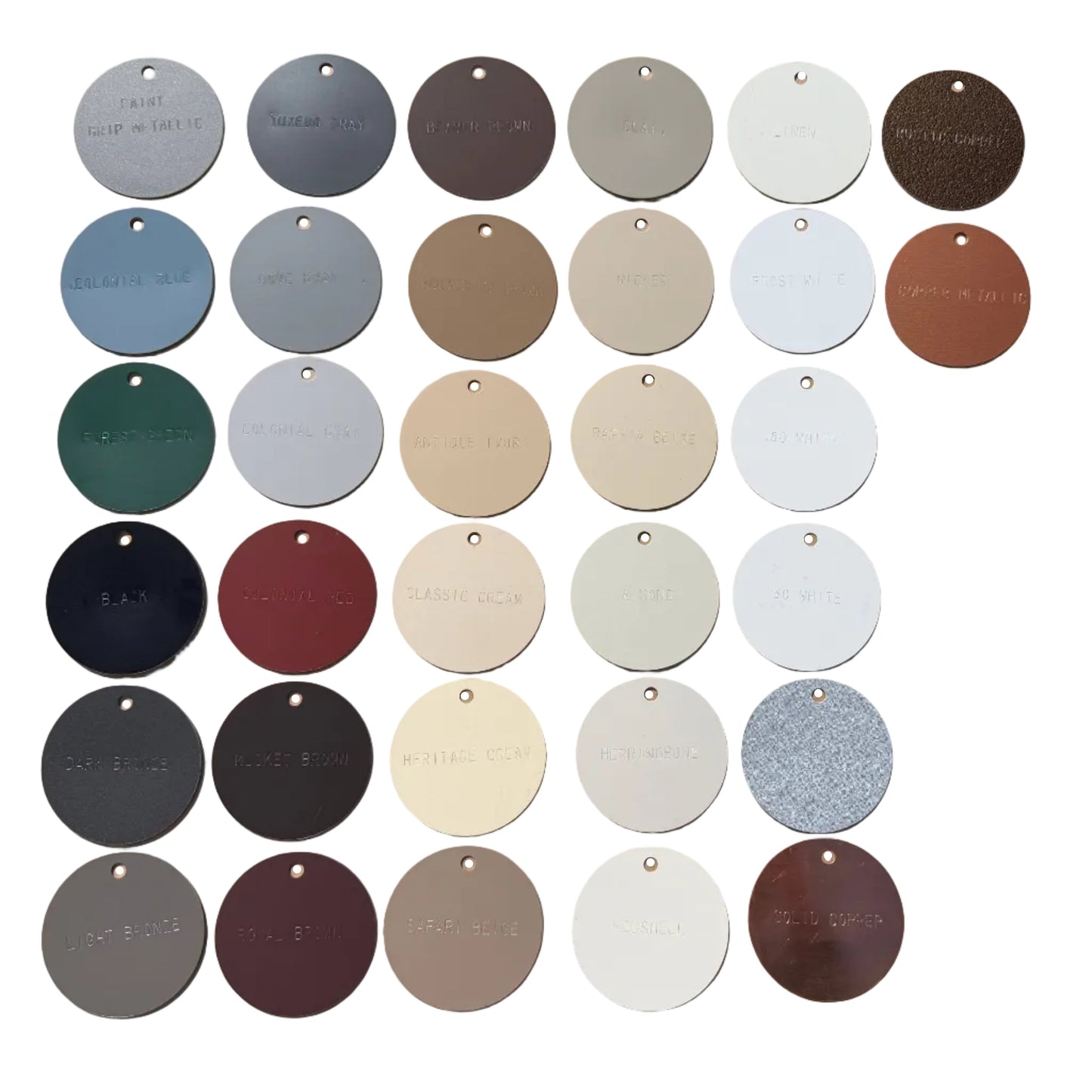 32-piece gutter color sample chip set featuring 30 powder-coat aluminum colors plus copper and galvalume chips 2.75 inch diameter round swatches with punched holes for ring organization contractor sales tool by GutterAll Damascus Oregon