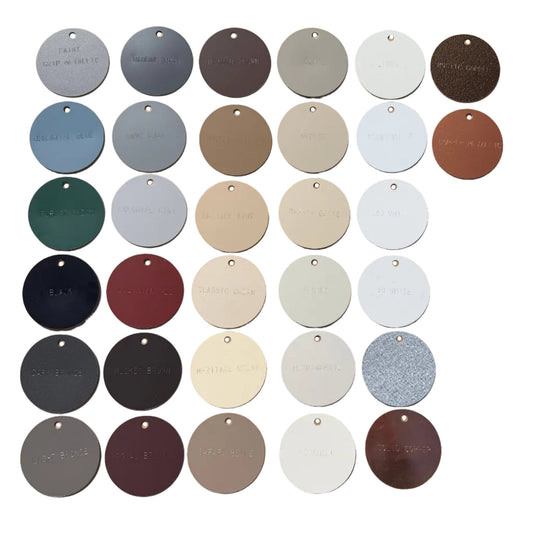 32-piece gutter color sample chip set featuring 30 powder-coat aluminum colors plus copper and galvalume chips 2.75 inch diameter round swatches with punched holes for ring organization contractor sales tool by GutterAll Damascus Oregon