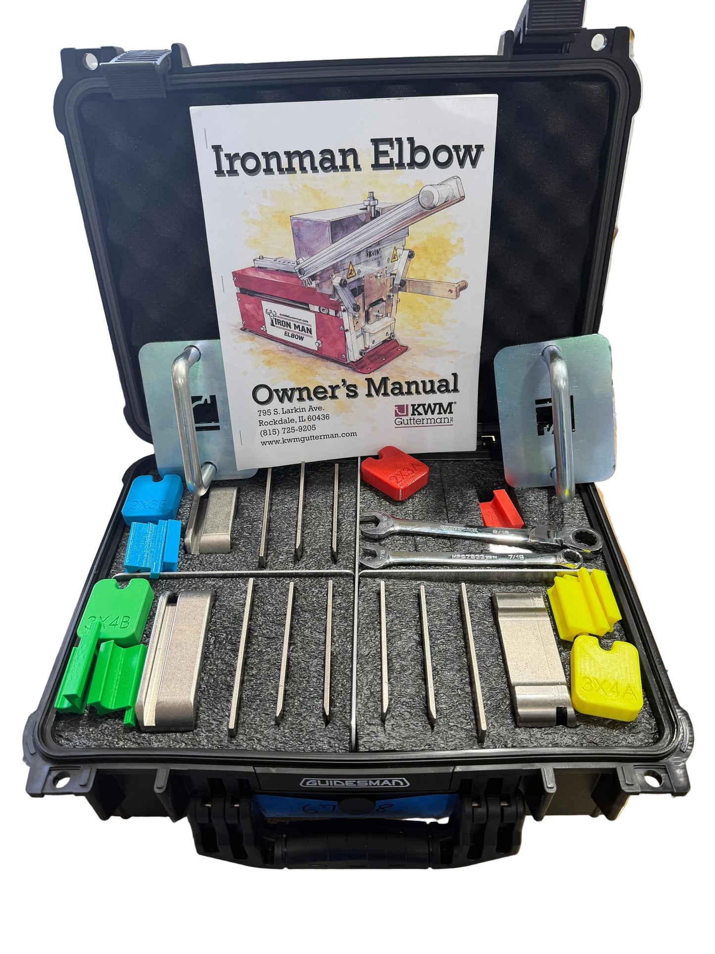 KWM Gutterman IronMan Elbow machine complete package with 2x3 A B and 3x4 A B mandrel die sets and storage case professional gutter elbow fabrication GutterAll Damascus Oregon