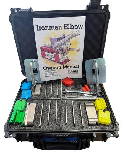 KWM Gutterman IronMan Elbow machine complete package with 2x3 A B and 3x4 A B mandrel die sets and storage case professional gutter elbow fabrication GutterAll Damascus Oregon
