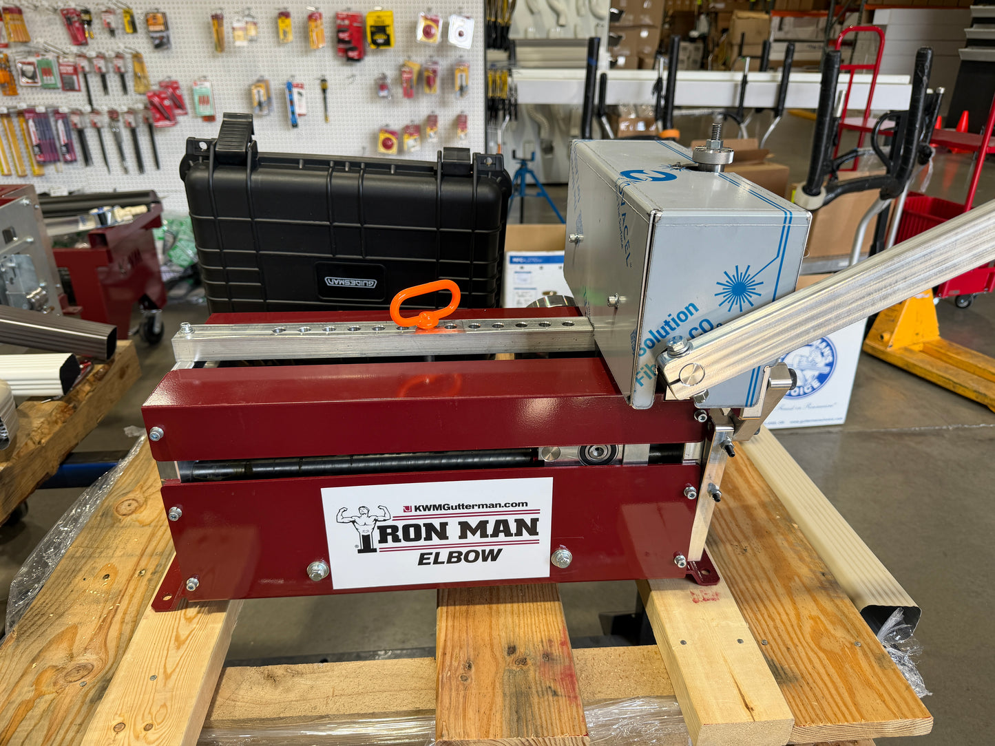 KWM Gutterman IronMan Elbow machine complete package with 2x3 A B and 3x4 A B mandrel die sets and storage case professional gutter elbow fabrication GutterAll Damascus Oregon