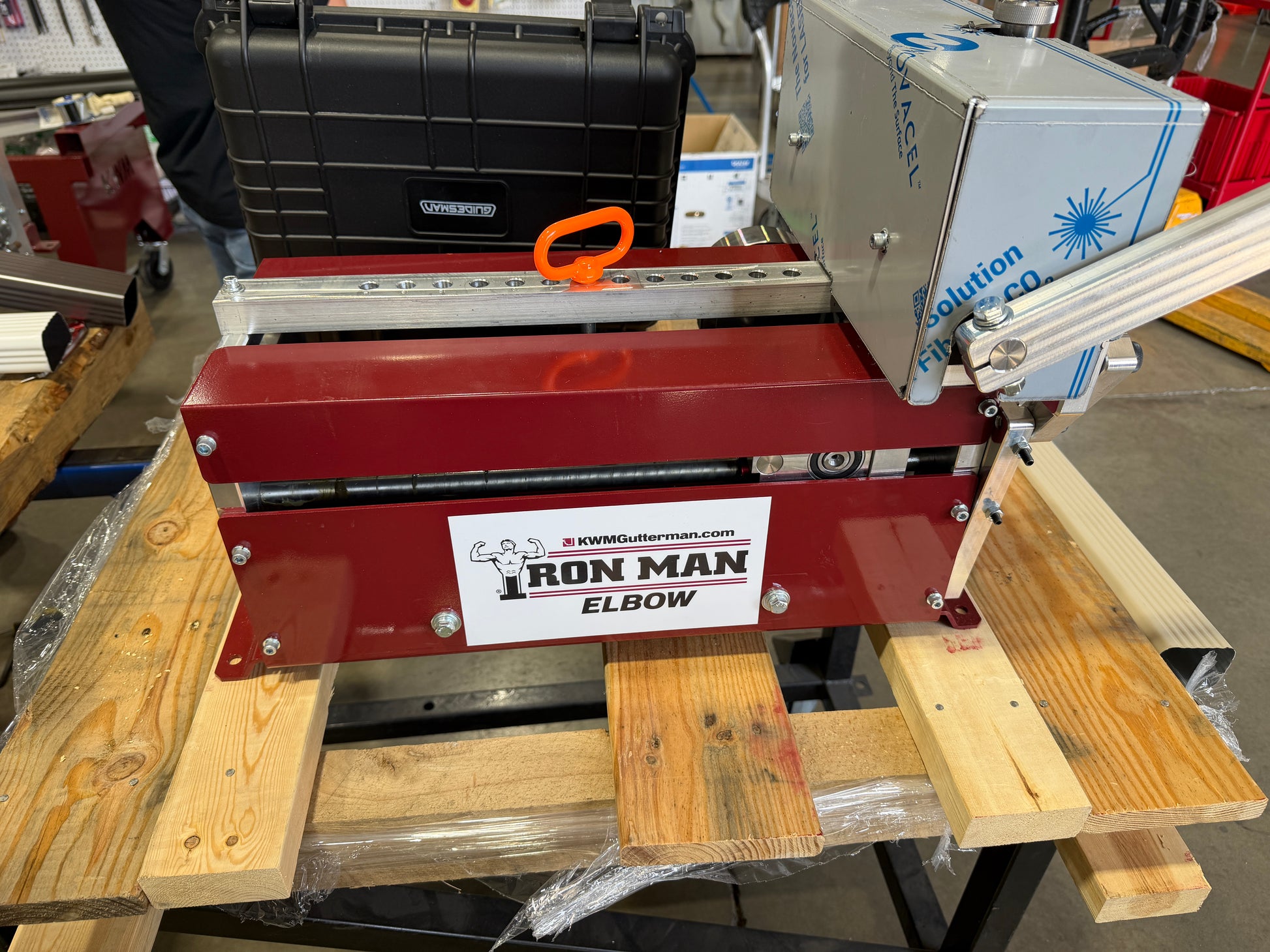 KWM Gutterman IronMan Elbow machine complete package with 2x3 A B and 3x4 A B mandrel die sets and storage case professional gutter elbow fabrication GutterAll Damascus Oregon