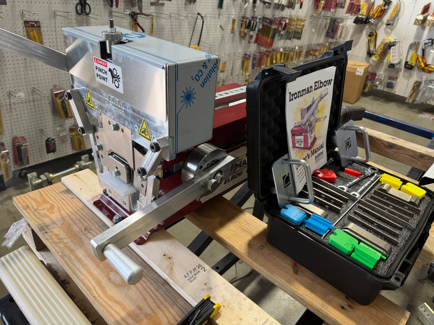 KWM Gutterman IronMan Elbow machine complete package with 2x3 A B and 3x4 A B mandrel die sets and storage case professional gutter elbow fabrication GutterAll Damascus Oregon