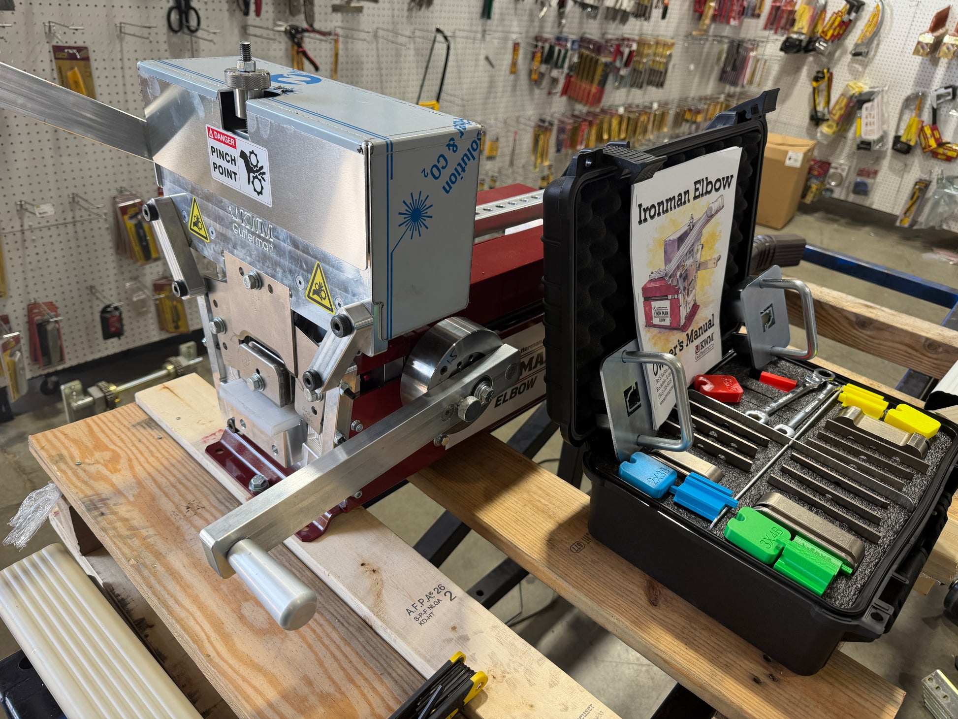 KWM Gutterman IronMan Elbow machine complete package with 2x3 A B and 3x4 A B mandrel die sets and storage case professional gutter elbow fabrication GutterAll Damascus Oregon