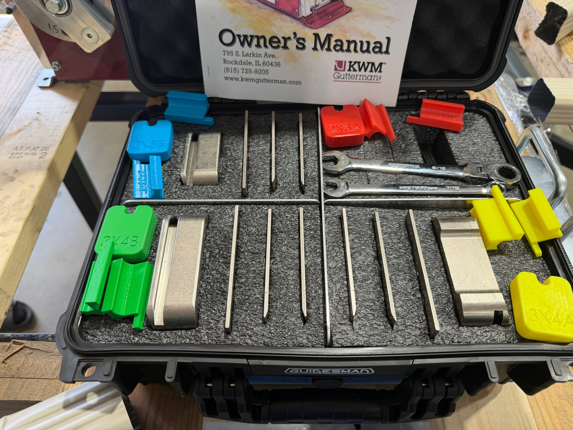 KWM Gutterman IronMan Elbow machine complete package with 2x3 A B and 3x4 A B mandrel die sets and storage case professional gutter elbow fabrication GutterAll Damascus Oregon