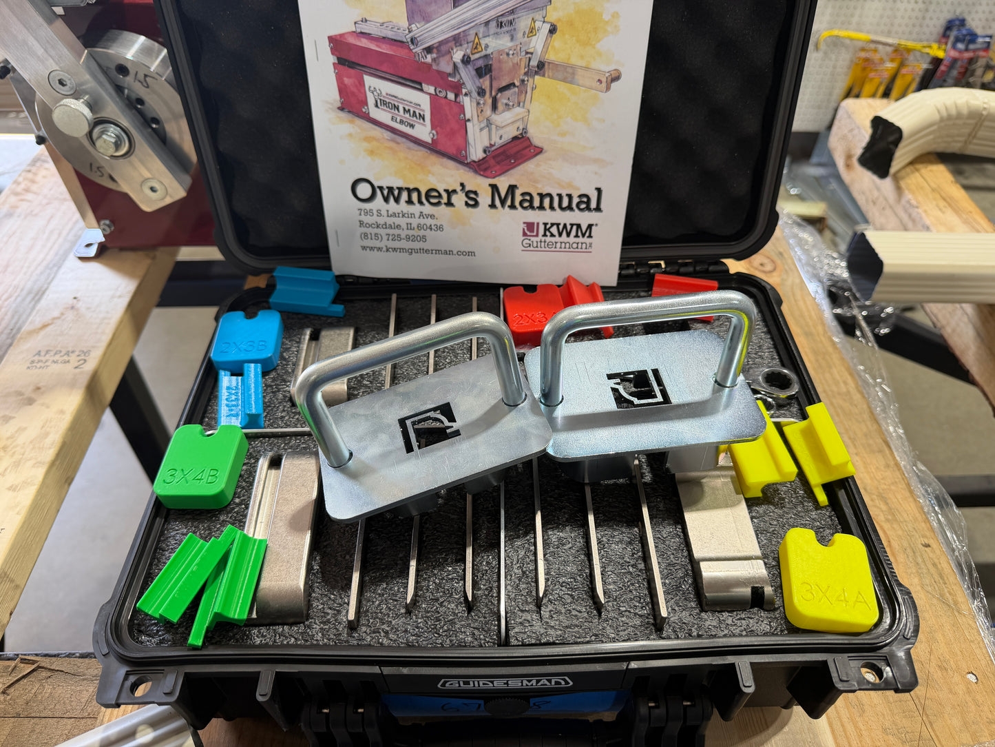 KWM Gutterman IronMan Elbow machine complete package with 2x3 A B and 3x4 A B mandrel die sets and storage case professional gutter elbow fabrication GutterAll Damascus Oregon
