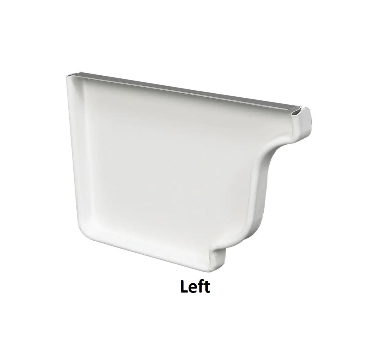 Left end cap for 4-inch K-style seamless aluminum gutter in white.
