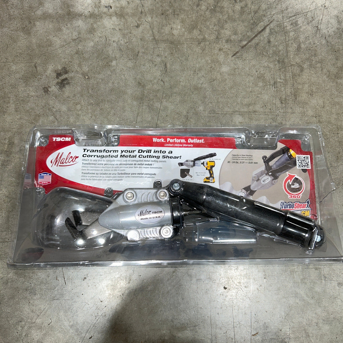 Malco TSCM TurboShear corrugated metal cutting drill attachment in retail packaging transforms drill into power shear Made in USA GutterAll Damascus Oregon