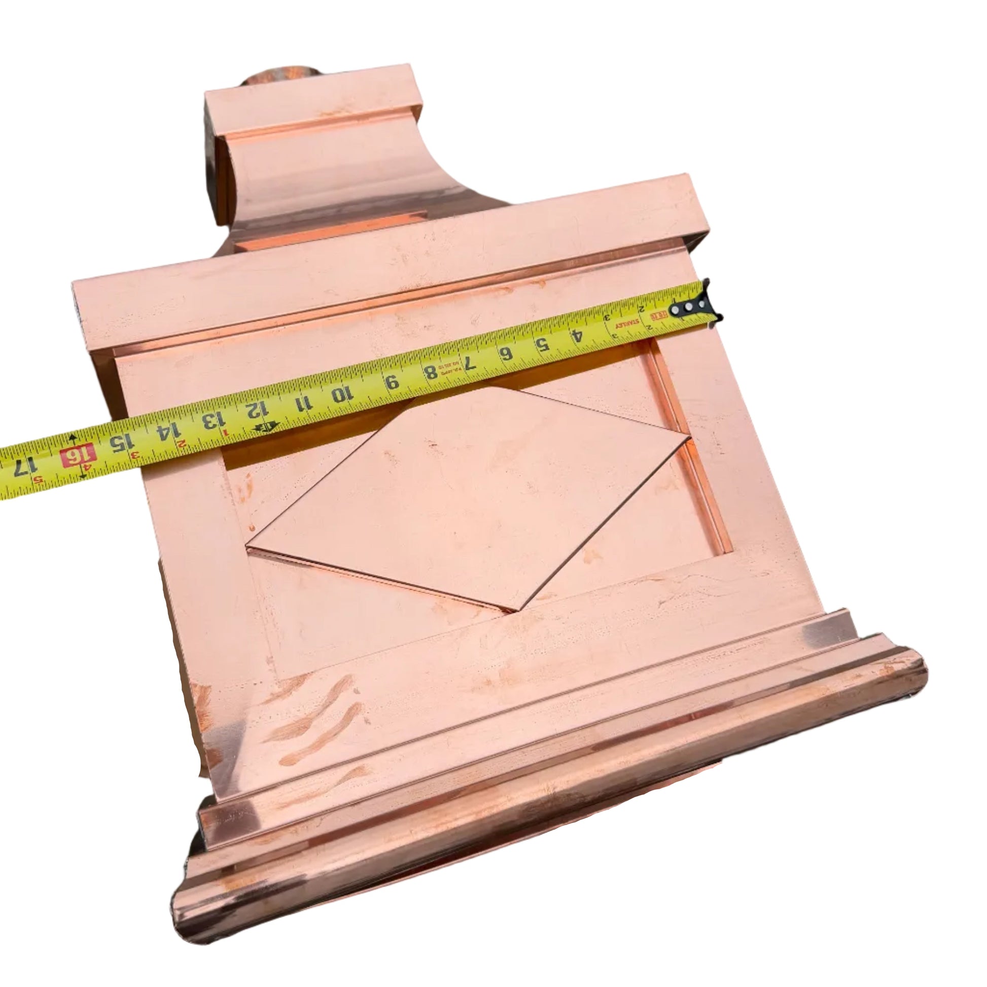 21x17x11 inch copper conductor head leader head collection box rain head decorative gutter scupper architectural drainage recessed diamond panel bold crown molding 2x3 oval downspout outlet premium handcrafted copper rainwater collector high-end residential custom projects GutterAll Damascus Oregon