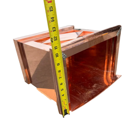 21x17x11 inch copper conductor head leader head collection box rain head decorative gutter scupper architectural drainage recessed diamond panel bold crown molding 2x3 oval downspout outlet premium handcrafted copper rainwater collector high-end residential custom projects GutterAll Damascus Oregon