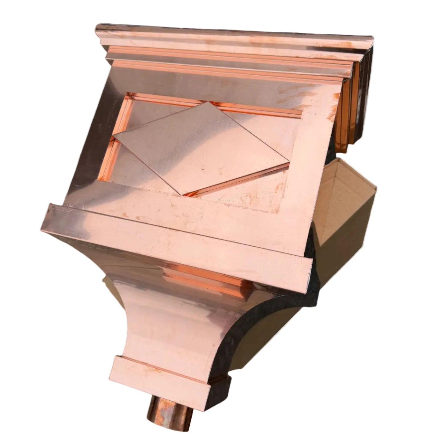 21x17x11 inch copper conductor head leader head collection box rain head decorative gutter scupper architectural drainage recessed diamond panel bold crown molding 2x3 oval downspout outlet premium handcrafted copper rainwater collector high-end residential custom projects GutterAll Damascus Oregon