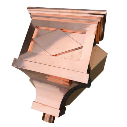 21x17x11 inch copper conductor head leader head collection box rain head decorative gutter scupper architectural drainage recessed diamond panel bold crown molding 2x3 oval downspout outlet premium handcrafted copper rainwater collector high-end residential custom projects GutterAll Damascus Oregon