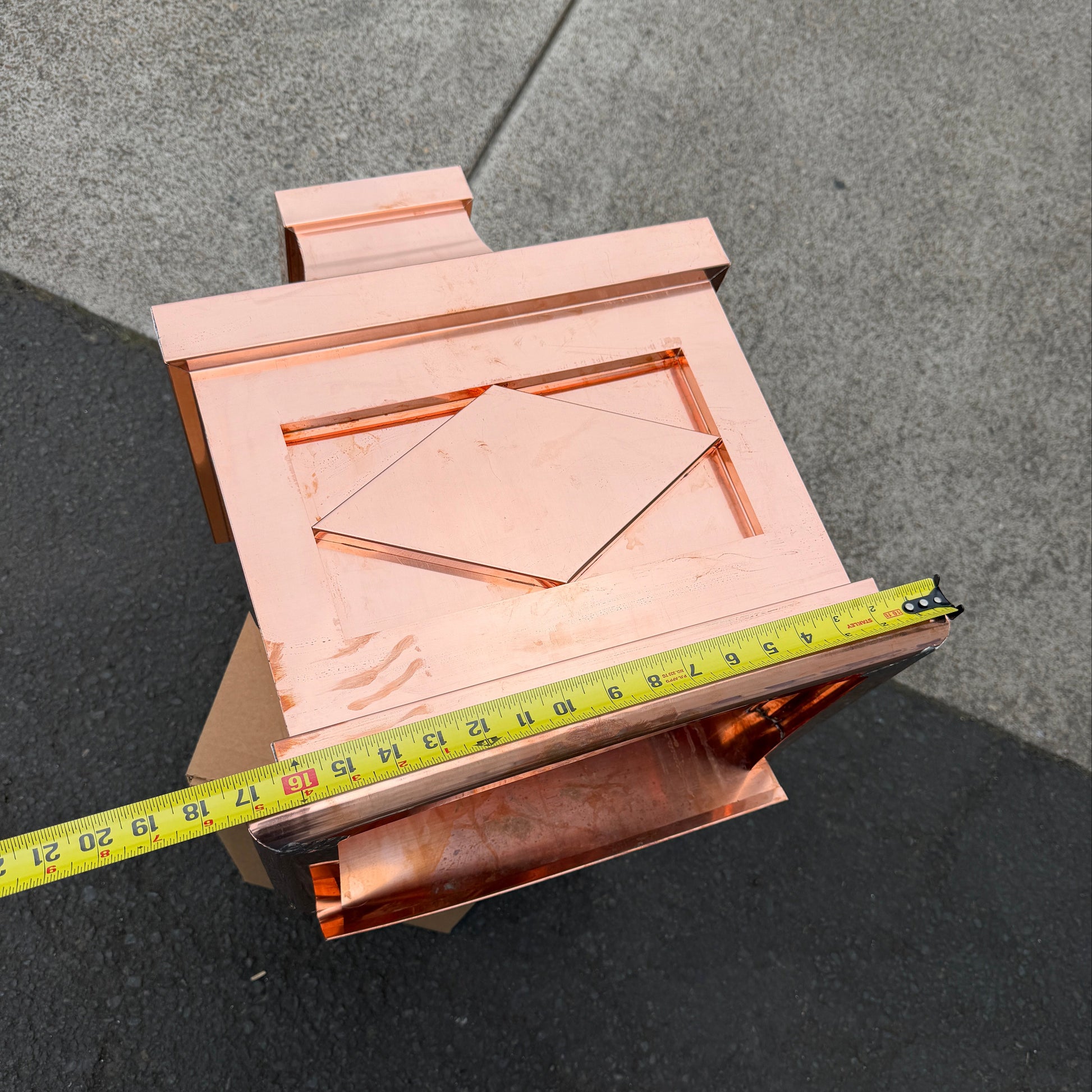 21x17x11 inch copper conductor head leader head collection box rain head decorative gutter scupper architectural drainage recessed diamond panel bold crown molding 2x3 oval downspout outlet premium handcrafted copper rainwater collector high-end residential custom projects GutterAll Damascus Oregon