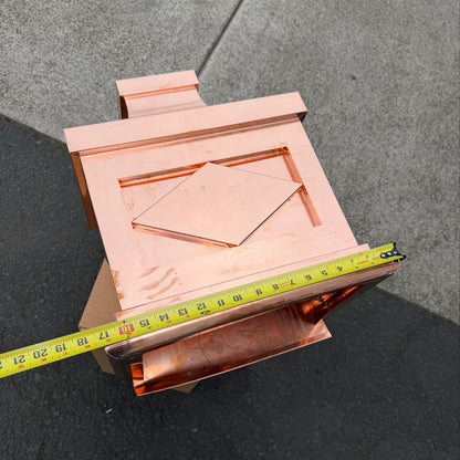 21x17x11 inch copper conductor head leader head collection box rain head decorative gutter scupper architectural drainage recessed diamond panel bold crown molding 2x3 oval downspout outlet premium handcrafted copper rainwater collector high-end residential custom projects GutterAll Damascus Oregon