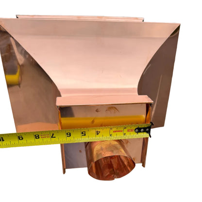 21x17x11 inch copper conductor head leader head collection box rain head decorative gutter scupper architectural drainage recessed diamond panel bold crown molding 2x3 oval downspout outlet premium handcrafted copper rainwater collector high-end residential custom projects GutterAll Damascus Oregon