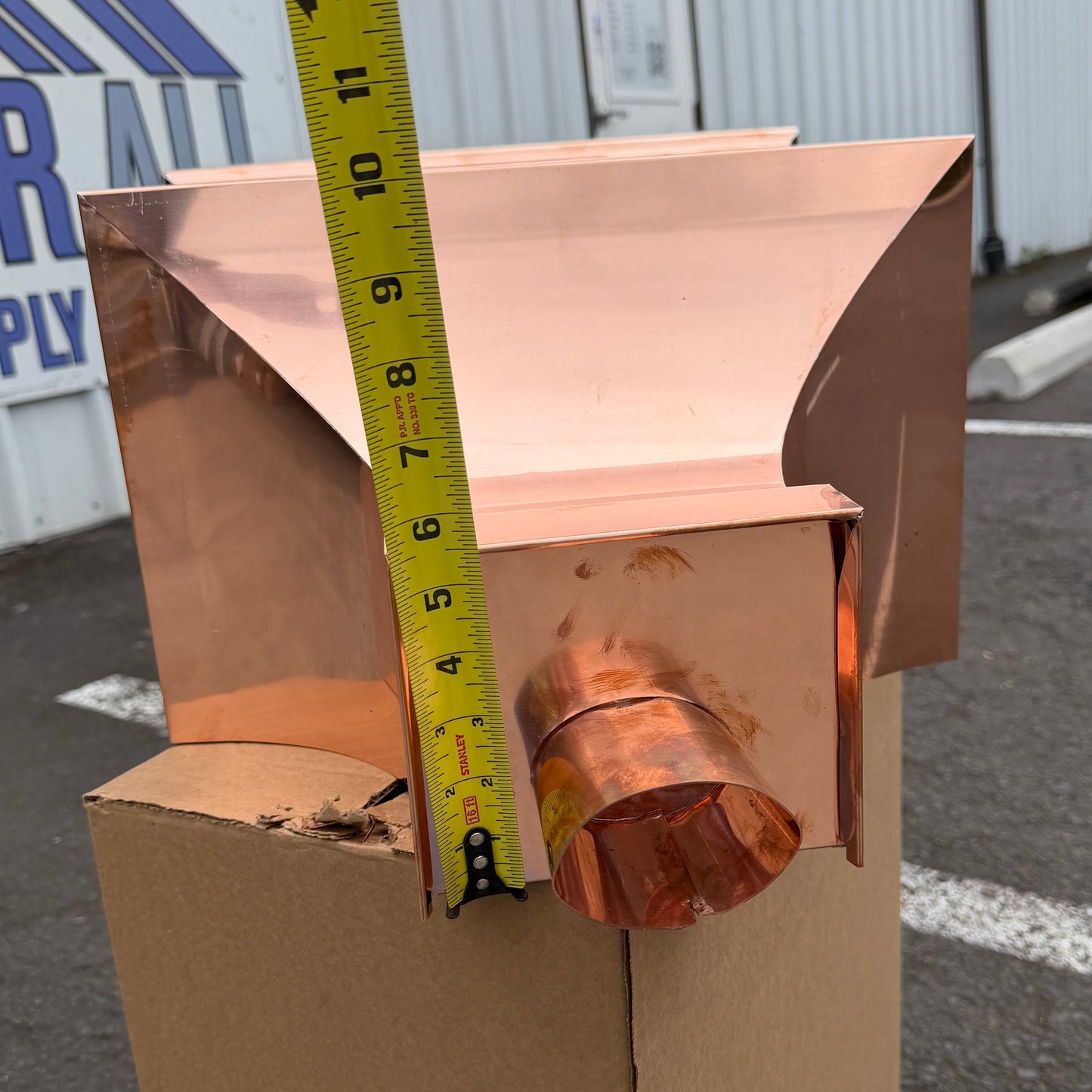 21x17x11 inch copper conductor head leader head collection box rain head decorative gutter scupper architectural drainage recessed diamond panel bold crown molding 2x3 oval downspout outlet premium handcrafted copper rainwater collector high-end residential custom projects GutterAll Damascus Oregon