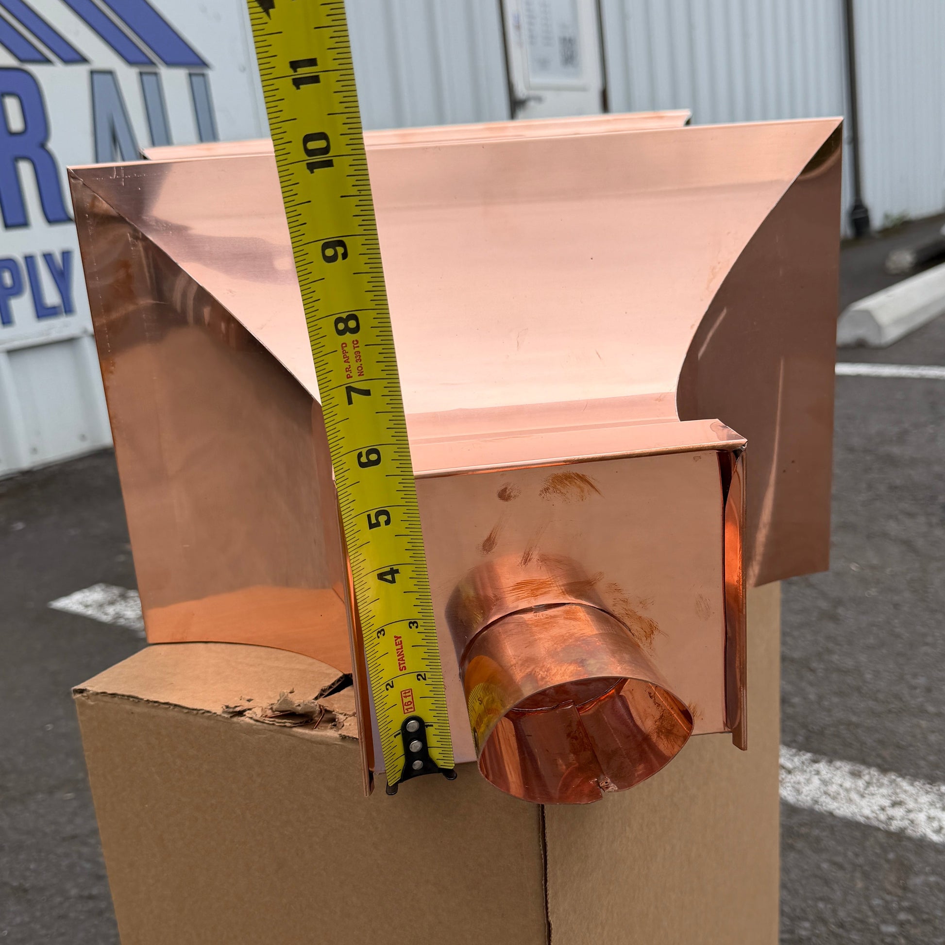 21x17x11 inch copper conductor head leader head collection box rain head decorative gutter scupper architectural drainage recessed diamond panel bold crown molding 2x3 oval downspout outlet premium handcrafted copper rainwater collector high-end residential custom projects GutterAll Damascus Oregon