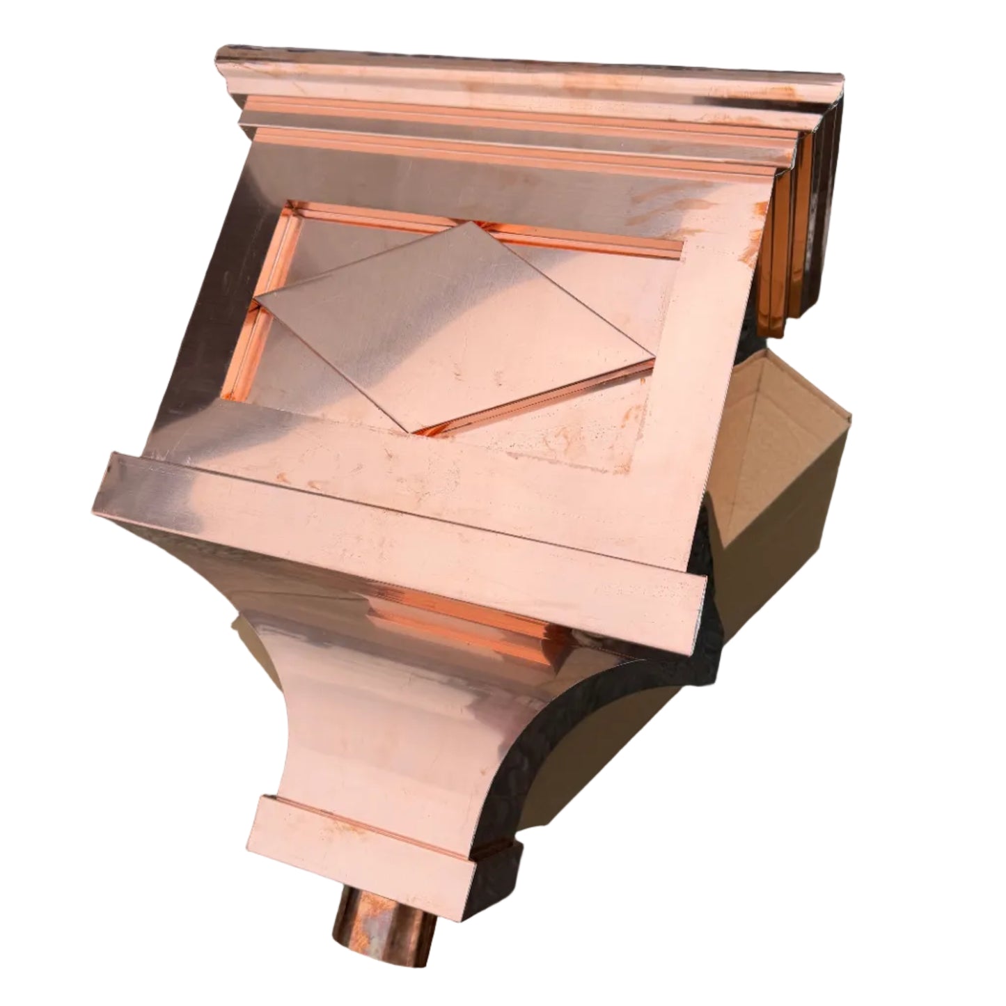 21x17x11 inch copper conductor head leader head collection box rain head decorative gutter scupper architectural drainage recessed diamond panel bold crown molding 2x3 oval downspout outlet premium handcrafted copper rainwater collector high-end residential custom projects GutterAll Damascus Oregon
