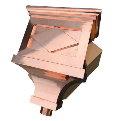 21x17x11 inch copper conductor head leader head collection box rain head decorative gutter scupper architectural drainage recessed diamond panel bold crown molding 2x3 oval downspout outlet premium handcrafted copper rainwater collector high-end residential custom projects GutterAll Damascus Oregon