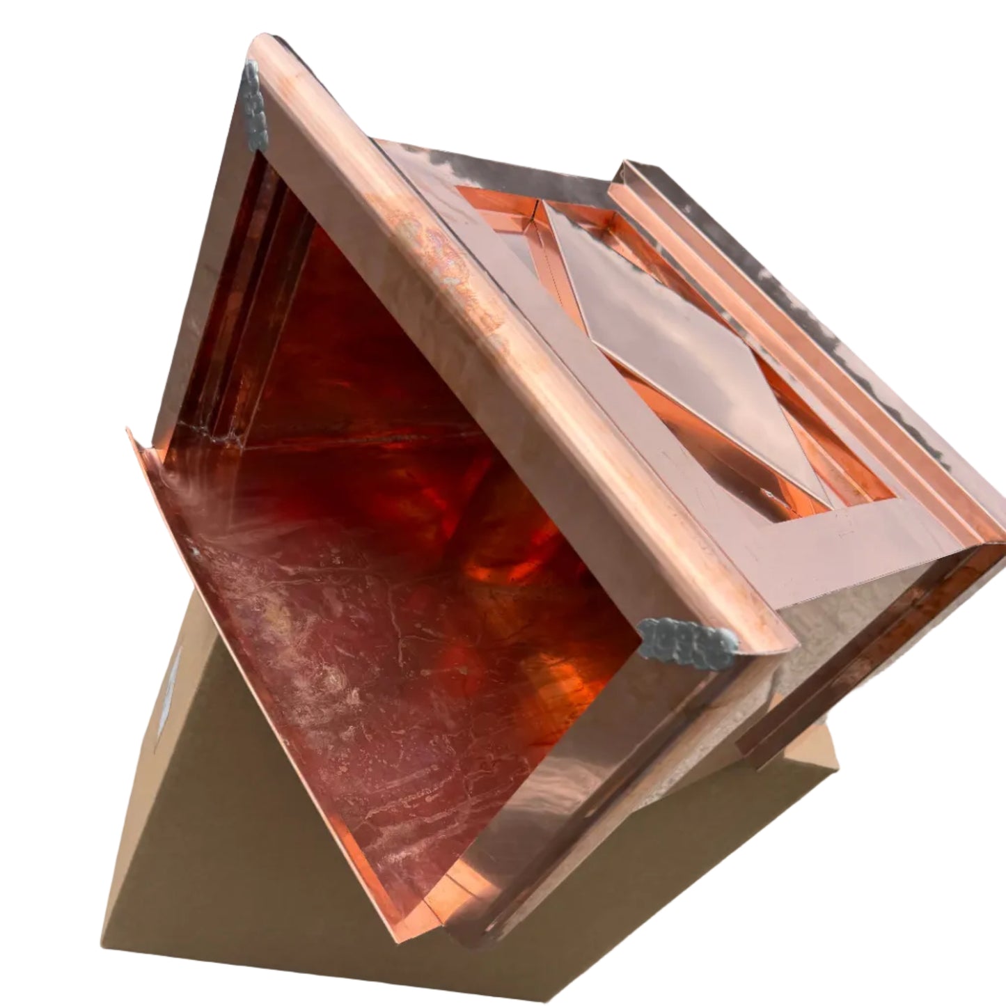 21x17x11 inch copper conductor head leader head collection box rain head decorative gutter scupper architectural drainage recessed diamond panel bold crown molding 2x3 oval downspout outlet premium handcrafted copper rainwater collector high-end residential custom projects GutterAll Damascus Oregon