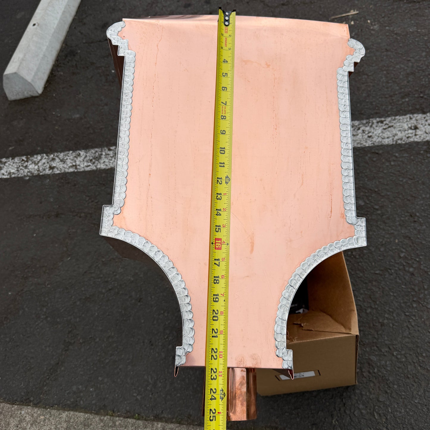 21x17x11 inch copper conductor head leader head collection box rain head decorative gutter scupper architectural drainage recessed diamond panel bold crown molding 2x3 oval downspout outlet premium handcrafted copper rainwater collector high-end residential custom projects GutterAll Damascus Oregon