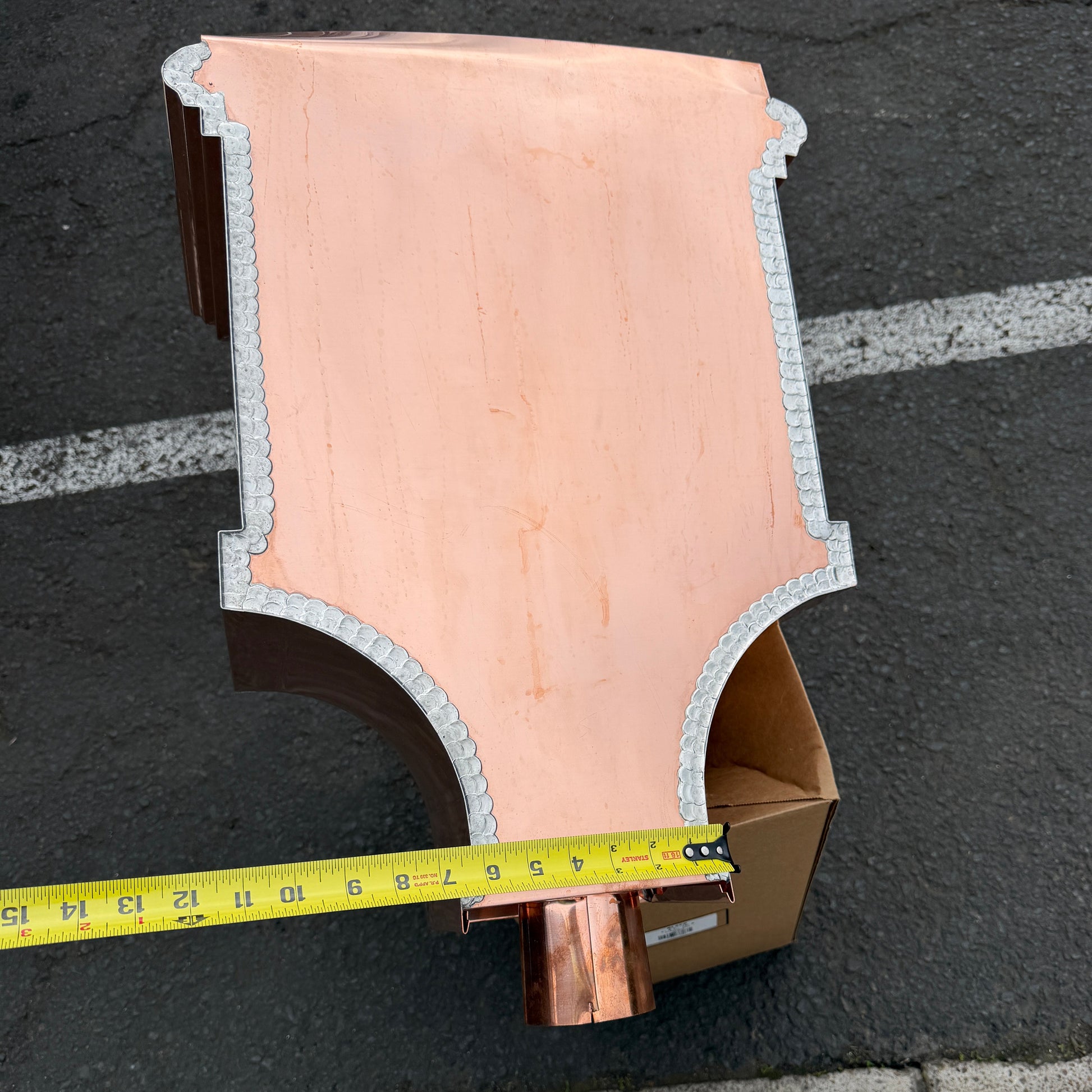 21x17x11 inch copper conductor head leader head collection box rain head decorative gutter scupper architectural drainage recessed diamond panel bold crown molding 2x3 oval downspout outlet premium handcrafted copper rainwater collector high-end residential custom projects GutterAll Damascus Oregon