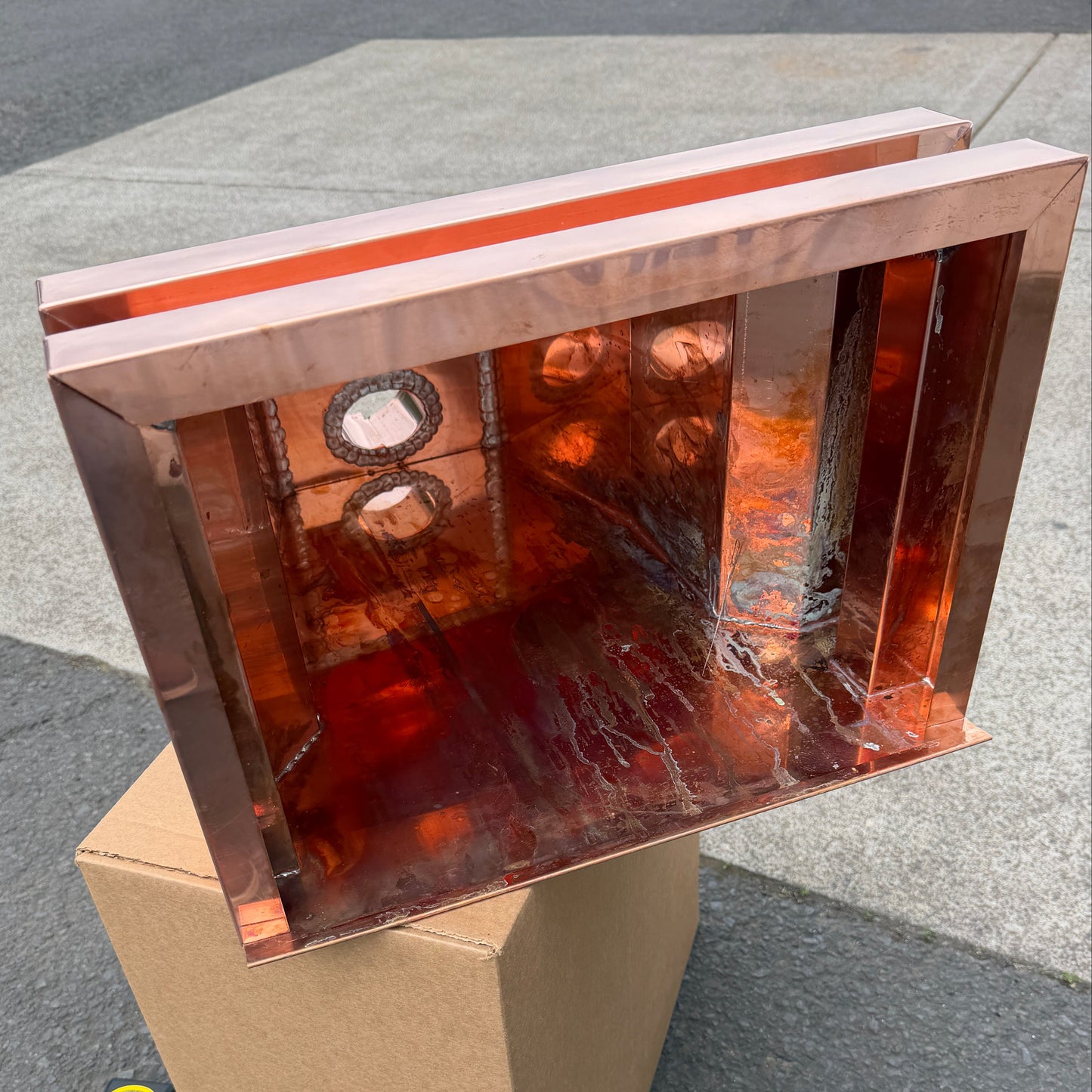 21x17x11 inch copper conductor head leader head collection box rain head decorative gutter scupper architectural drainage recessed diamond panel bold crown molding 2x3 oval downspout outlet premium handcrafted copper rainwater collector high-end residential custom projects GutterAll Damascus Oregon