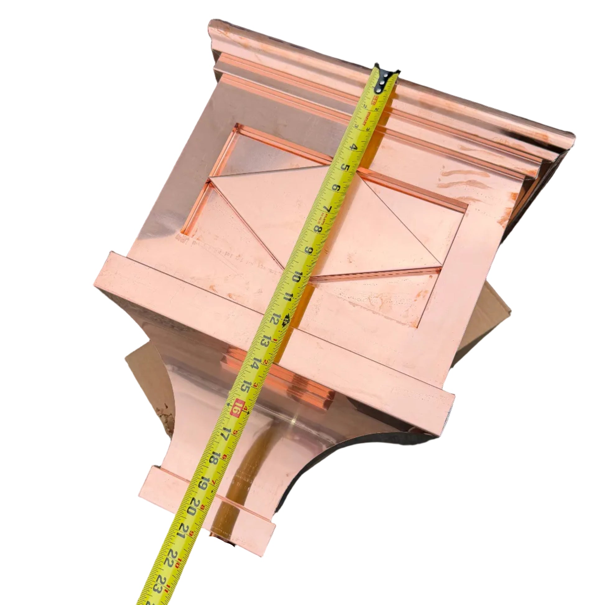 21x17x11 inch copper conductor head leader head collection box rain head decorative gutter scupper architectural drainage recessed diamond panel bold crown molding 2x3 oval downspout outlet premium handcrafted copper rainwater collector high-end residential custom projects GutterAll Damascus Oregon