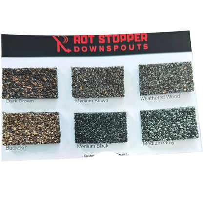 Medium Black Rot Stopper granule-coated downspout. Matches roof shingles. Prevents fascia rot. 6 colors. Custom matching available. Invisible drainage. Damascus OR.