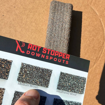 Medium Brown Rot Stopper granule-coated downspout. Matches roof shingles. Prevents fascia rot. 6 colors. Custom matching available. Invisible drainage. Damascus OR.