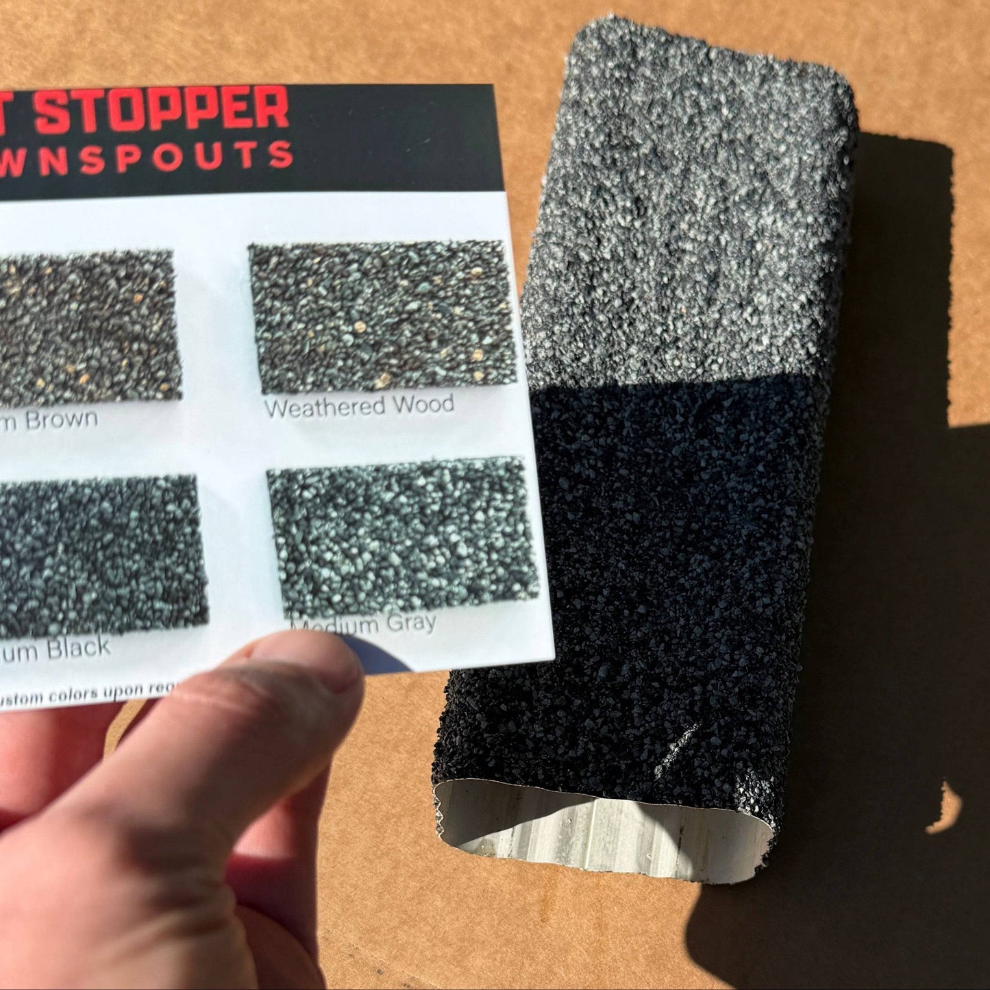 Medium Gray Rot Stopper granule-coated downspout. Matches roof shingles. Prevents fascia rot. 6 colors. Custom matching available. Invisible drainage. Damascus OR.