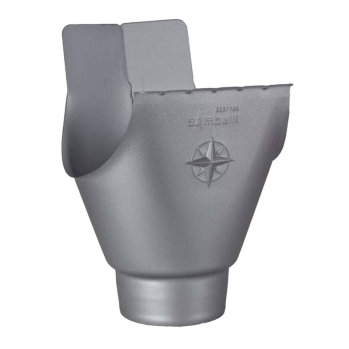 Euro Max 6 inch half round gutter outlet with compass star emblem natural gray metallic finish Zambelli brand 3.1 inch 4 inch round downspout transition professional European quality - GutterAll Damascus Oregon