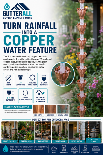 Rounded Funnel Cup Copper Rain Chain 8ft (28 Cups) | Scalloped